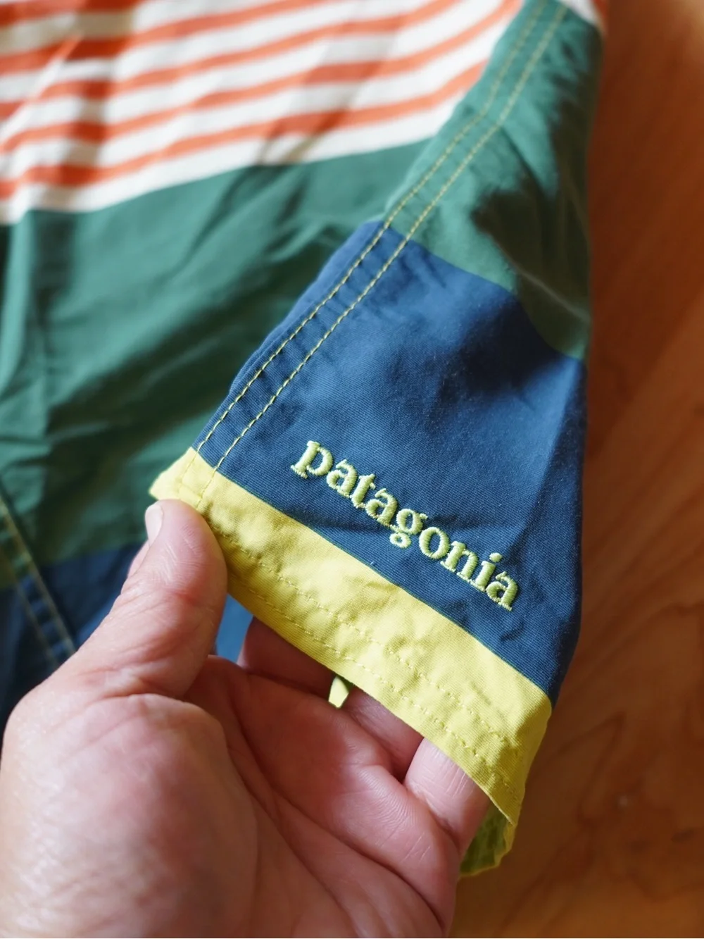 Patagonia  Boardshorts Mens 31 Green Orange Stripe Stretch Wavefarer Swim Trunks